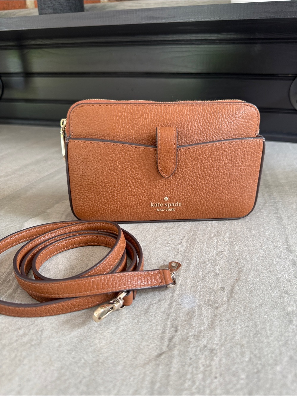 kate spade tan pebbled leather crossbody with gold hardware